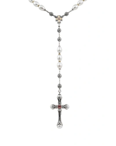 Shop Konstantino Kleos Pearl Cross Lariat Necklace W/ Pink Tourmaline