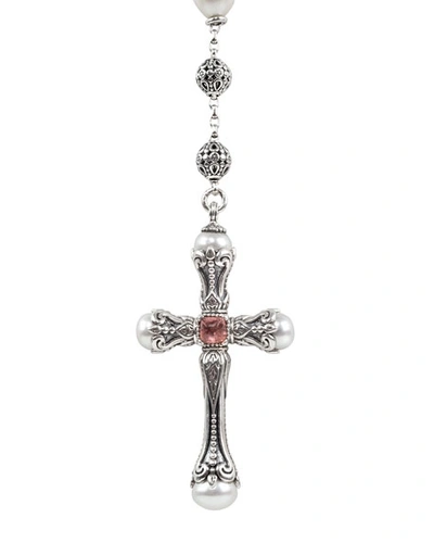 Shop Konstantino Kleos Pearl Cross Lariat Necklace W/ Pink Tourmaline