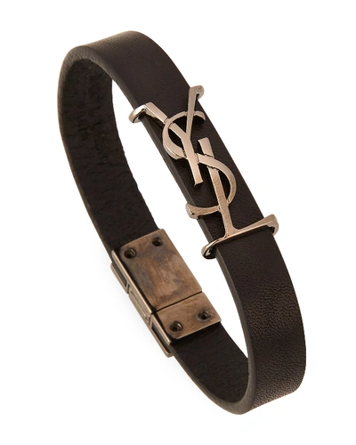 Shop Saint Laurent Leather Ysl Monogram Bracelet, Black