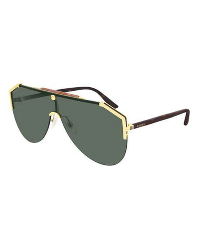 Shop Gucci Men's Metal & Tortoiseshell Shield Sunglasses In Gold