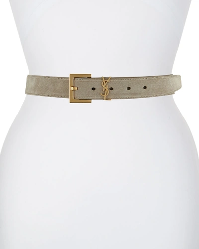 Shop Saint Laurent Ysl Monogram Suede Belt In Light Moss