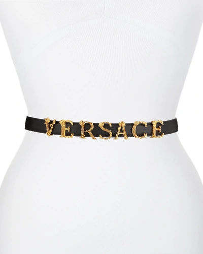 Shop Versace Leather Belt W/ Logo Lettering Hardware In Black