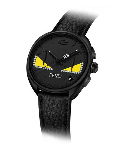 Shop Fendi Men's 40mm Momento  Bugs Chronograph Leather Watch W/ Diamonds In Yellow