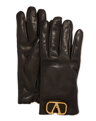 Shop Valentino Vlogo Leather Gloves W/ Cashmere Lining In Black