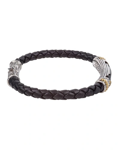 Shop Konstantino 18k Gold/silver Braided Leather Ferrite Bar Bracelet In Black