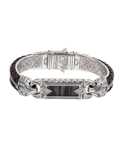 Shop Konstantino Carved Sterling Silver Leather Ferrite Bracelet In Black/silver