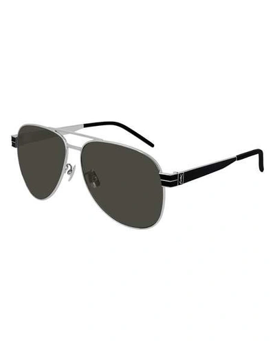 Shop Saint Laurent Men's Two-tone Metal Aviator Sunglasses In Gray