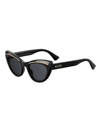 Shop Moschino Cutout Cat-eye Acetate Sunglasses In Black/gray