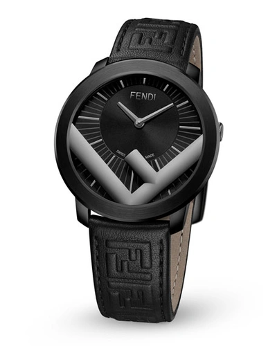 Shop Fendi Men's Run Away F Is  Embossed-leather Analog Watch In Black