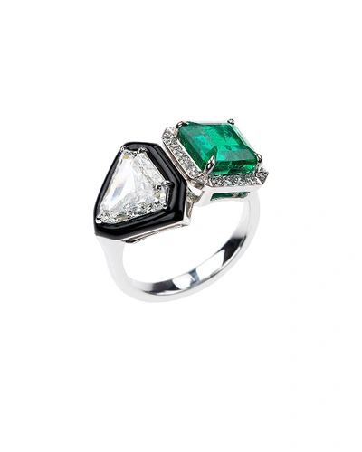 Shop Nikos Koulis Oui 18k White Gold Emerald Square & Diamond Trillion Ring In White/gold