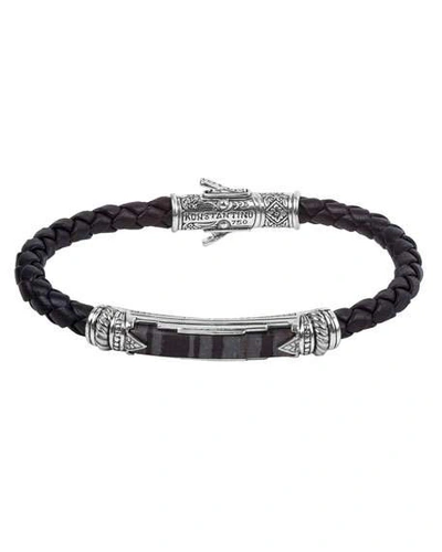 Shop Konstantino 18k Gold/silver Braided Leather Ferrite Bar Bracelet In Black