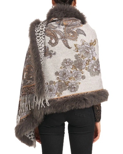 Shop Gorski Reverse Double Faced Cashmere Stole W/ Fox Fur Trim In Gray Paisley