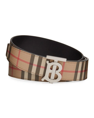 Shop Burberry Men's Tb Vintage Check Belt In Beige