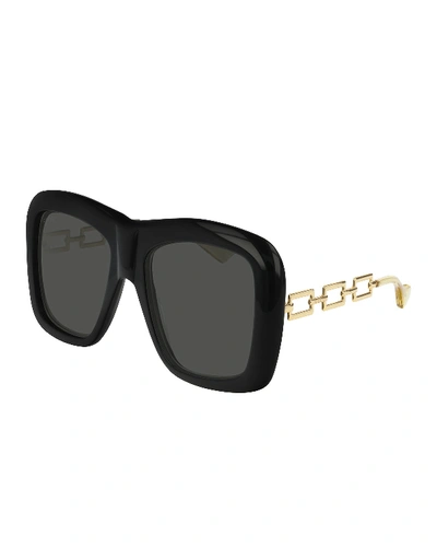 Shop Gucci Square Acetate Sunglasses W/ Metal Chain Arms In Black