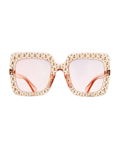 Shop Gucci Oversized Square Transparent Sunglasses W/ Crystal Star Embellishments In Black