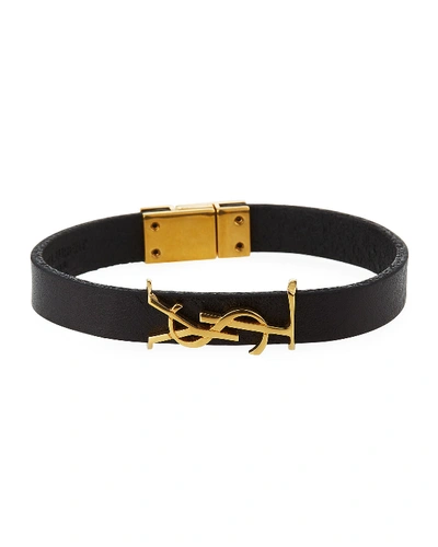 Shop Saint Laurent Leather Ysl Monogram Bracelet, Black/gold