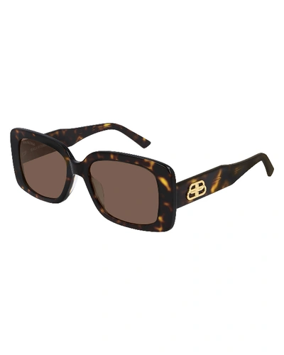 Shop Balenciaga Rectangle Acetate Sunglasses With Bb Temple In Havana