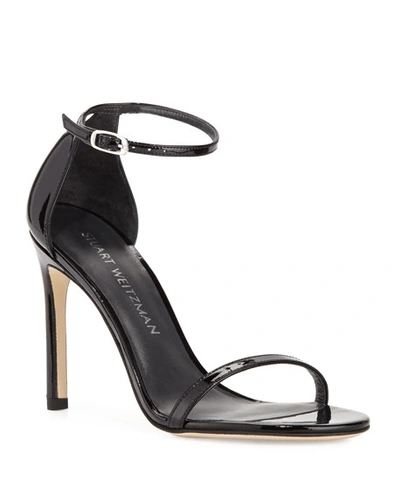 Shop Stuart Weitzman Nudistsong Patent Ankle-wrap High-heel Sandals In Black