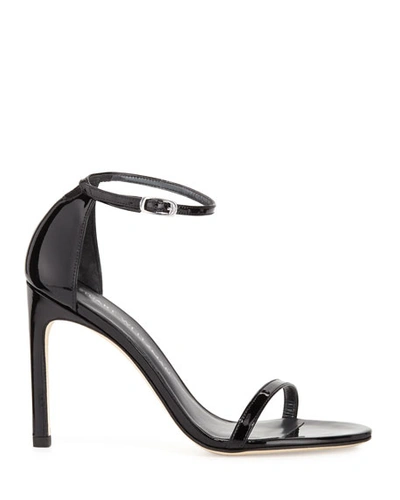 Shop Stuart Weitzman Nudistsong Patent Ankle-wrap High-heel Sandals In Black