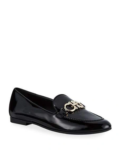 Shop Ferragamo Trifoglio Patent Gancini Horsebit Loafers In Nero