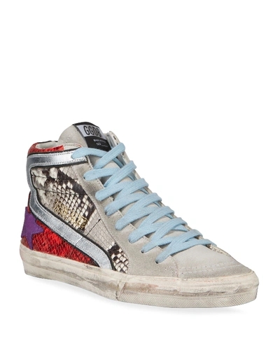 Shop Golden Goose Mixed-media Snake-print High-top Sneakers In Gray Pattern