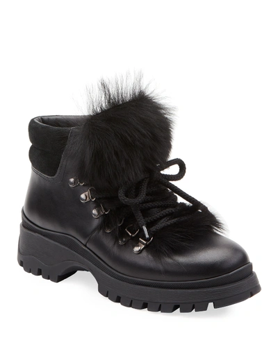 Shop Prada Lug-sole Hiker Boots With Fur Trim In Black