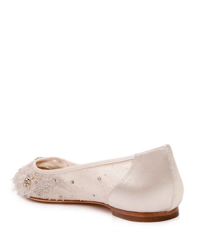 Shop Badgley Mischka Adrienne Crystal Embellished Satin Ballerina Flats In Ivory