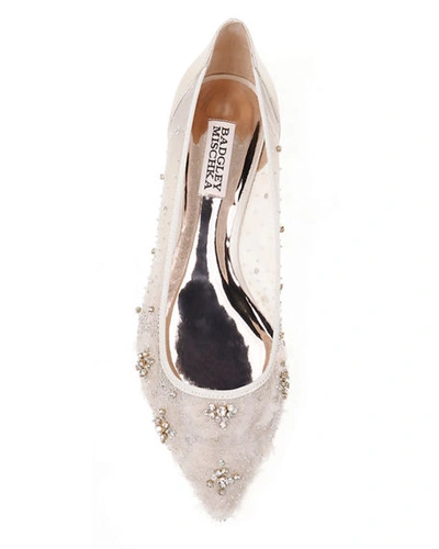 Shop Badgley Mischka Adrienne Crystal Embellished Satin Ballerina Flats In Ivory