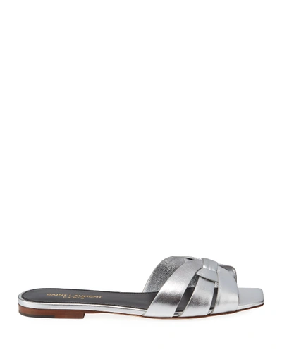 Shop Saint Laurent Nu Pied Metallic Flat Sandals In Gray Metallic