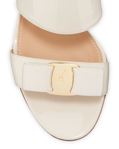 Shop Ferragamo Giulia Patent Leather Vara Bow Sandals In Bone