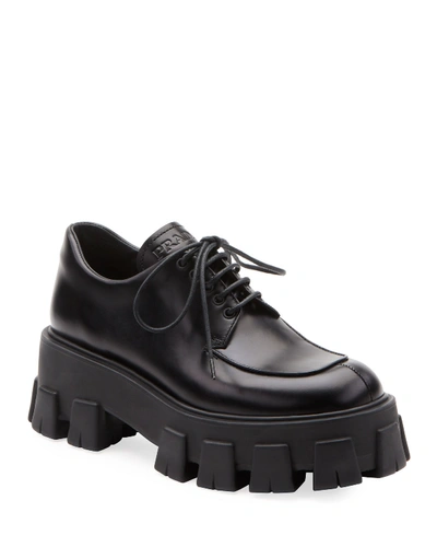 Shop Prada Spazzolato Lug-sole Loafers In Black