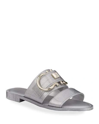 Shop Ferragamo Taryn Metallic Jelly Logo Slide Sandals In Silver