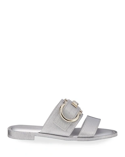 Shop Ferragamo Taryn Metallic Jelly Logo Slide Sandals In Silver