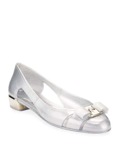 Shop Ferragamo Vara Glitter Jelly Ballet Flats In Silver Glitter