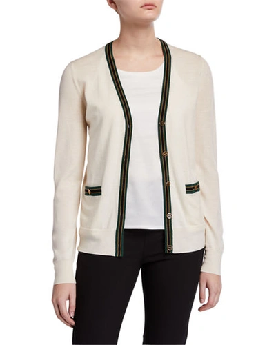 Shop Tory Burch Madeline Wool V-neck Button-front Cardigan W/ Contrast Trim In New Ivory Treehou