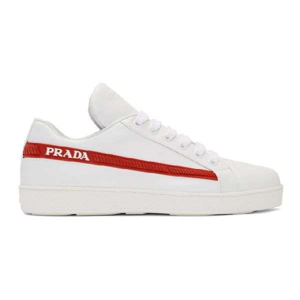 Prada Avenue Last Logo Embellished Leather Sneakers In White Modesens