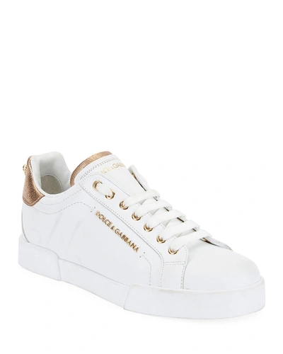 Shop Dolce & Gabbana Portofino Leather Sneakers In White/gold