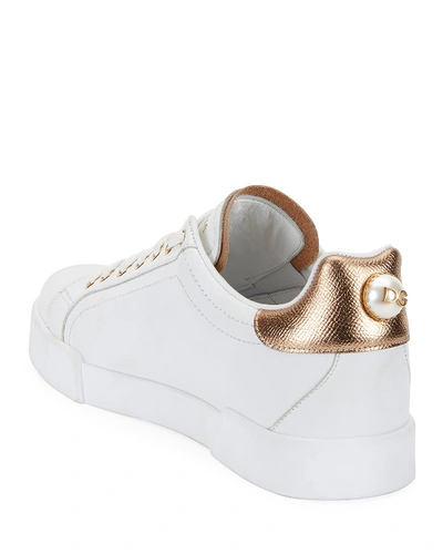 Shop Dolce & Gabbana Portofino Leather Sneakers In White/gold