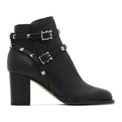 Shop Valentino Black  Garavani Rockstud Grain Block Heel Boots In 0no Black