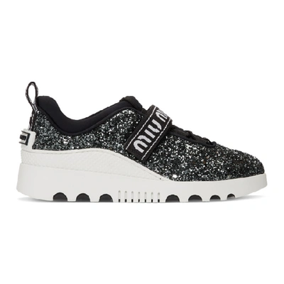 Shop Miu Miu Black & White Glitter Run Sneakers