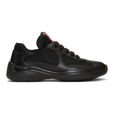 Shop Prada Black Leather & Mesh Lace-up Sneakers