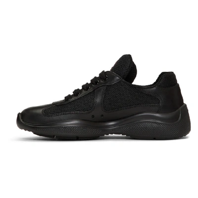 Shop Prada Black Leather & Mesh Lace-up Sneakers