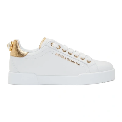 Shop Dolce & Gabbana Dolce And Gabbana White And Gold Pearl Sneakers