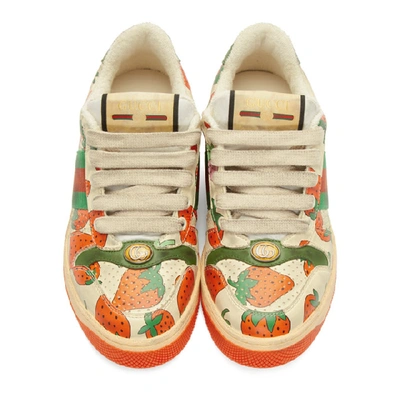 Shop Gucci Off-white Strawberry Screener Sneakers In 9261 Ivory