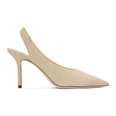 Shop Jimmy Choo Taupe Suede Ivy 85 Slingback Heels In Wht Sand