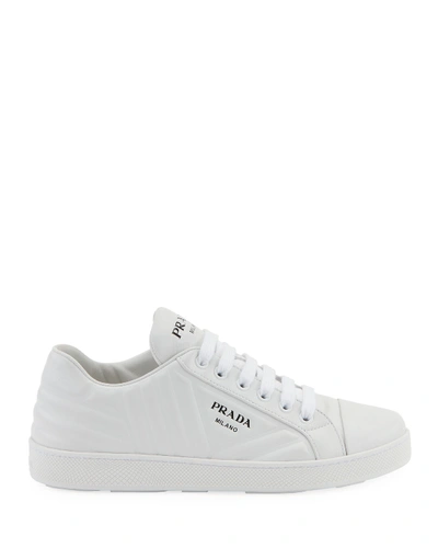 Shop Prada Quilted Leather Logo Sneakers In White