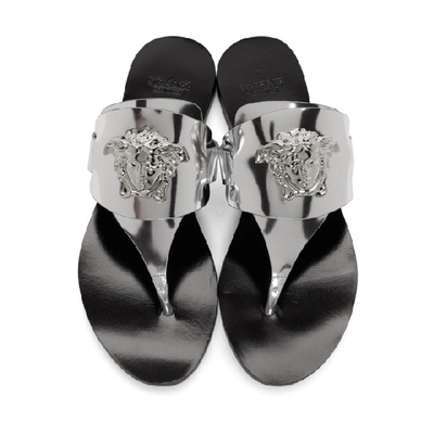 Shop Versace Silver Palazzo Flat Thong Sandals