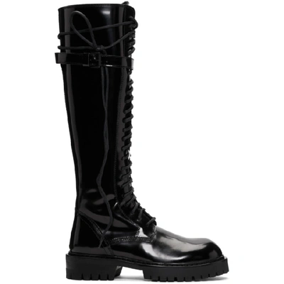 Shop Ann Demeulemeester Black Patent Lace-up Knee-high Boots