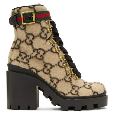 Shop Gucci Beige Wool Gg Boots In Beige/ebony