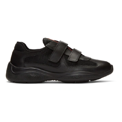 Shop Prada Black Leather & Mesh Straps Sneakers